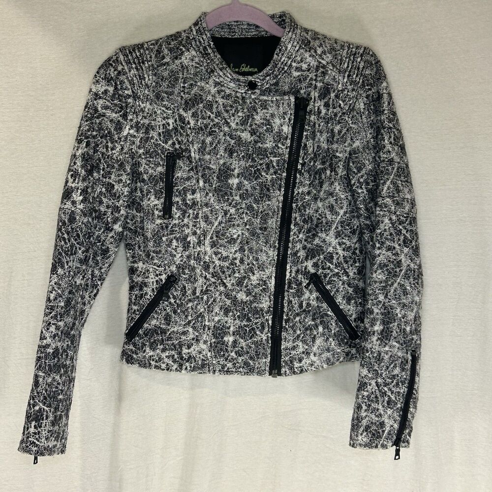 Sam Edelman Jacket Womens Sz M Black White‎ Static Textured Full Zip Biker Moto